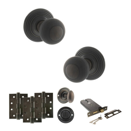 Atlantic Old English Ripon Door Knob Pack (Lock Set - Horizontal Bathlock, 4" Fire Rated Hinges x3) - Urban Dark Bronze