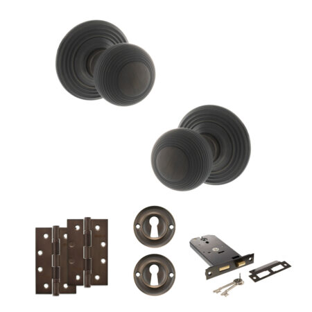 Atlantic Old English Ripon Door Knob Pack (Lock Set - Horizontal Sashlock, 4" Slim Knuckle Hinges x2) - Urban Dark Bronze