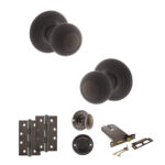 Atlantic Old English Ripon Door Knob Pack (Lock Set - Horizontal Bathlock, 4" Slim Knuckle Hinges x2) - Urban Dark Bronze