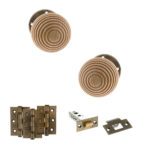 Atlantic Old English Bridlington Door Knob Pack (Latch Set - 4" HD Latch, 3" Fire Rated Hinges x3) - Antique Brass