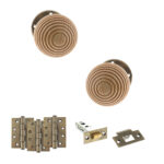 Atlantic Old English Bridlington Door Knob Pack (Latch Set - 3" HD Latch, 4" Fire Rated Hinges x3) - Antique Brass
