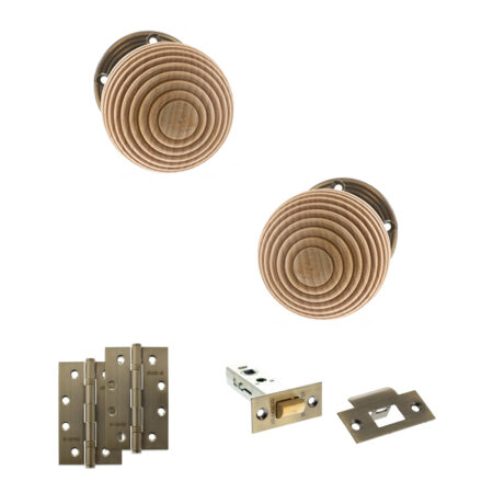Atlantic Old English Bridlington Door Knob Pack (Latch Set - 3" HD Latch, 4" Slim Knuckle Hinges x2) - Antique Brass