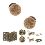 Atlantic Old English Bridlington Door Knob Pack (Bathroom Set - 3" Deadbolt, 3" Fire Rated Hinges x3) - Antique Brass