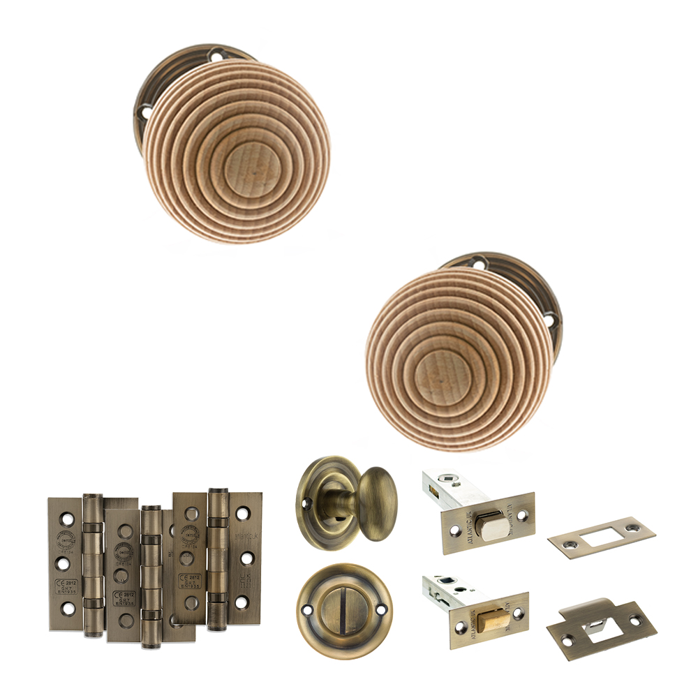 ADPOE57RMKAB61_OLD-ENGLISH-BRIDLINGTON-ANTIQUE-BRASS.jpg Atlantic Old English Bridlington Door Knob Pack (Bathroom Set - 4" Deadbolt, 3" Fire Rated Hinges x3) - Antique Brass - Image 1