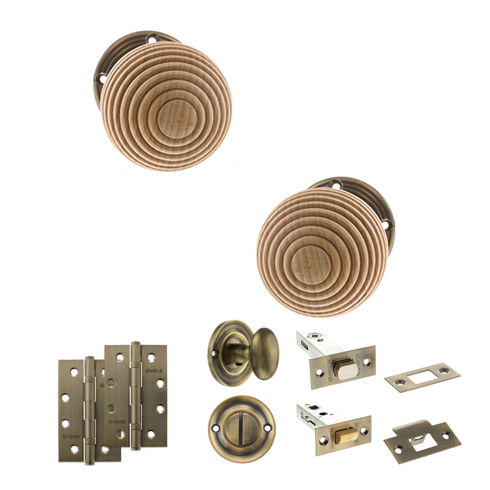 ADPOE57RMKAB64_OLD-ENGLISH-BRIDLINGTON-ANTIQUE-BRASS.jpg Atlantic Old English Bridlington Door Knob Pack (Bathroom Set - 3" Deadbolt, 4" Slim Knuckle Hinges x2) - Antique Brass - Image 1