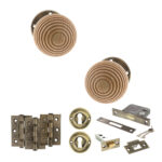 Atlantic Old English Bridlington Door Knob Pack (Lock Set - 3" Latch & Deadlock, 3" Fire Rated Hinges x3) - Antique Brass