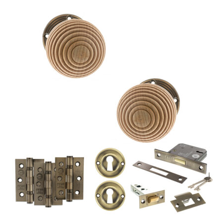 Atlantic Old English Bridlington Door Knob Pack (Lock Set - 3" Latch & Deadlock, 3" Fire Rated Hinges x3) - Antique Brass