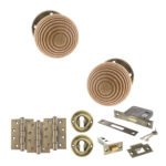 Atlantic Old English Bridlington Door Knob Pack (Lock Set - 3" Latch & Deadlock, 4" Fire Rated Hinges x3) - Antique Brass