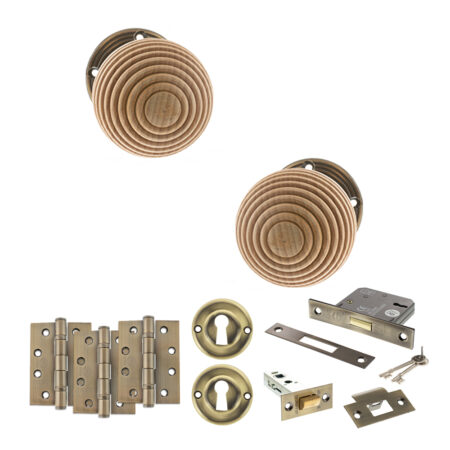 Atlantic Old English Bridlington Door Knob Pack (Lock Set - 3" Latch & Deadlock, 4" Fire Rated Hinges x3) - Antique Brass