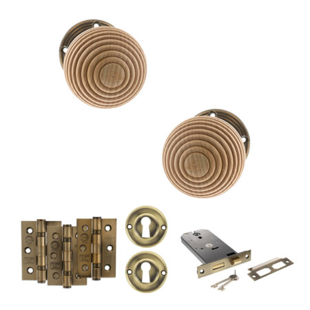 Atlantic Old English Bridlington Door Knob Pack (Lock Set - Horizontal Sashlock, 3" Fire Rated Hinges x3) - Antique Brass