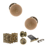 Atlantic Old English Bridlington Door Knob Pack (Lock Set - Horizontal Bathlock, 3" Fire Rated Hinges x3) - Antique Brass