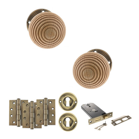 Atlantic Old English Bridlington Door Knob Pack (Lock Set - Horizontal Sashlock, 4" Fire Rated Hinges x3) - Antique Brass
