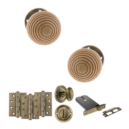 Atlantic Old English Bridlington Door Knob Pack (Lock Set - Horizontal Bathlock, 4" Fire Rated Hinges x3) - Antique Brass