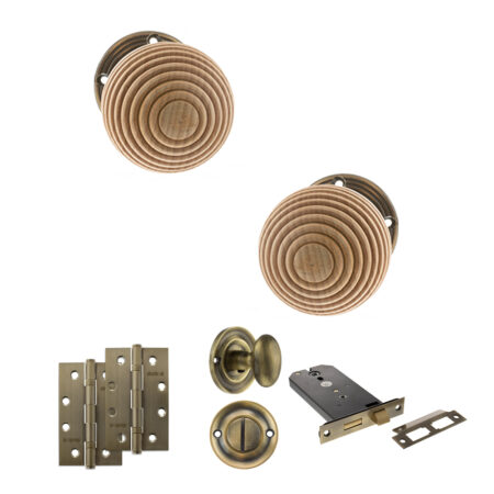 Atlantic Old English Bridlington Door Knob Pack (Lock Set - Horizontal Bathlock, 4" Slim Knuckle Hinges x2) - Antique Brass