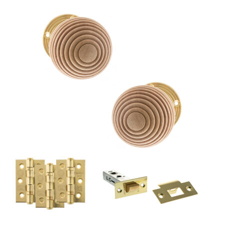 Atlantic Old English Bridlington Door Knob Pack (Latch Set - 4" HD Latch, 3" Fire Rated Hinges x3) - Polished Brass