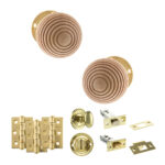 Atlantic Old English Bridlington Door Knob Pack (Bathroom Set - 4" Deadbolt, 3" Fire Rated Hinges x3) - Polished Brass