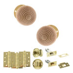 Atlantic Old English Bridlington Door Knob Pack (Bathroom Set - 4" Deadbolt, 4" Fire Rated Hinges x3) - Polished Brass