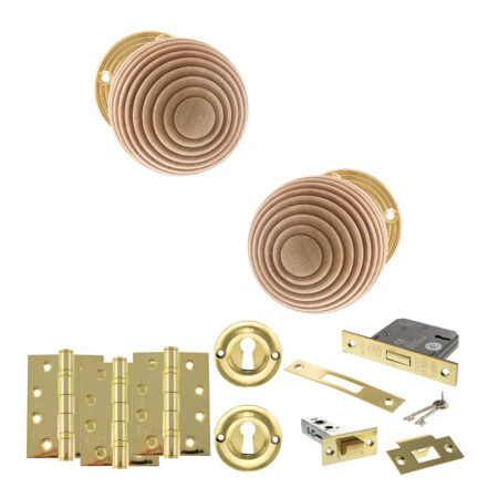 Atlantic Old English Bridlington Door Knob Pack (Lock Set - 3" Latch & Deadlock, 4" Fire Rated Hinges x3) - Polished Brass