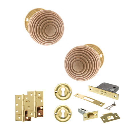 Atlantic Old English Bridlington Door Knob Pack (Lock Set - 3" Latch & Deadlock, 4" Slim Knuckle Hinges x2) - Polished Brass
