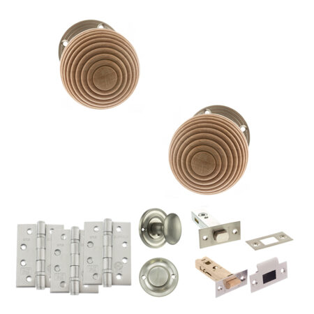 Atlantic Old English Bridlington Door Knob Pack (Bathroom Set - 4" Deadbolt, 4" Fire Rated Hinges x3) - Satin Nickel