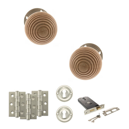 Atlantic Old English Bridlington Door Knob Pack (Lock Set - Horizontal Sashlock, 3" Fire Rated Hinges x3) - Satin Nickel
