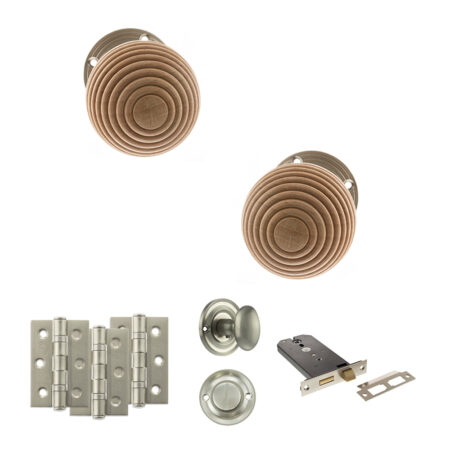 Atlantic Old English Bridlington Door Knob Pack (Lock Set - Horizontal Bathlock, 3" Fire Rated Hinges x3) - Satin Nickel