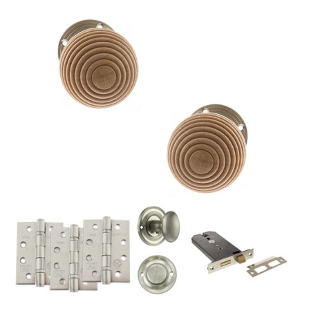 Atlantic Old English Bridlington Door Knob Pack (Lock Set - Horizontal Bathlock, 4" Fire Rated Hinges x3) - Satin Nickel