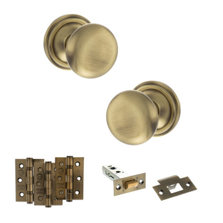 Atlantic Old English Harrogate Door Knob Pack (Latch Set - 3" HD Latch, 3" Fire Rated Hinges x3) - Antique Brass