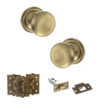 Atlantic Old English Harrogate Door Knob Pack (Latch Set - 4" HD Latch, 3" Fire Rated Hinges x3) - Antique Brass
