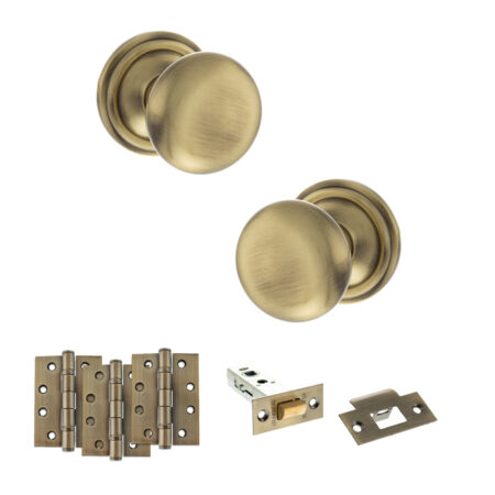 Atlantic Old English Harrogate Door Knob Pack (Latch Set - 4" HD Latch, 4" Fire Rated Hinges x3) - Antique Brass