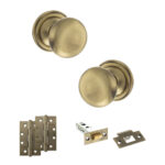 Atlantic Old English Harrogate Door Knob Pack (Latch Set - 3" HD Latch, 4" Slim Knuckle Hinges x2) - Antique Brass