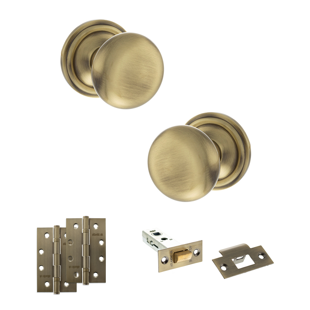 ADPOE58MMKAB58_OLD-ENGLISH-HARROGATE-ANTIQUE-BRASS.jpg Atlantic Old English Harrogate Door Knob Pack (Latch Set - 3" HD Latch, 4" Slim Knuckle Hinges x2) - Antique Brass - Image 1