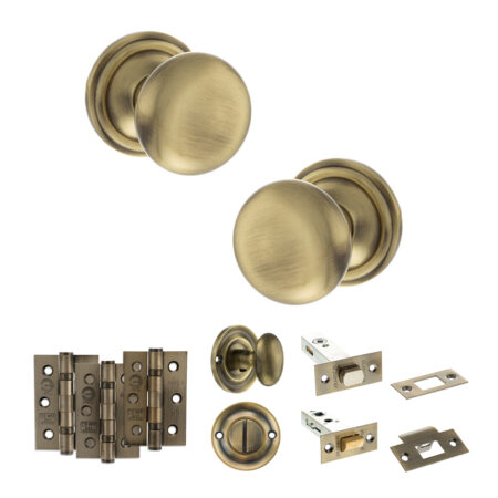 Atlantic Old English Harrogate Door Knob Pack (Bathroom Set - 3" Deadbolt, 3" Fire Rated Hinges x3) - Antique Brass