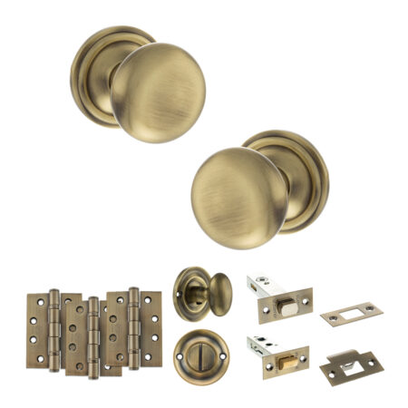 Atlantic Old English Harrogate Door Knob Pack (Bathroom Set - 3" Deadbolt, 4" Fire Rated Hinges x3) - Antique Brass