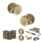 Atlantic Old English Harrogate Door Knob Pack (Lock Set - 3" Latch & Deadlock, 3" Fire Rated Hinges x3) - Antique Brass