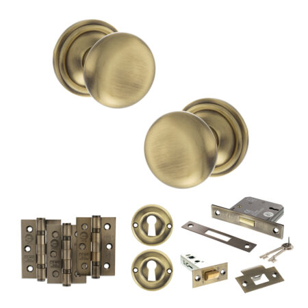 Atlantic Old English Harrogate Door Knob Pack (Lock Set - 3" Latch & Deadlock, 3" Fire Rated Hinges x3) - Antique Brass