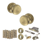 Atlantic Old English Harrogate Door Knob Pack (Lock Set - 3" Latch & Deadlock, 4" Fire Rated Hinges x3) - Antique Brass