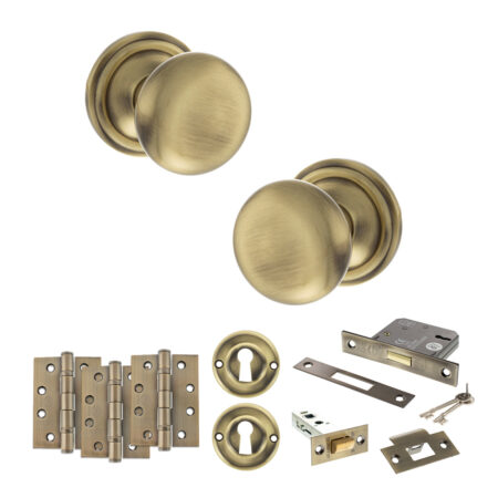 Atlantic Old English Harrogate Door Knob Pack (Lock Set - 3" Latch & Deadlock, 4" Fire Rated Hinges x3) - Antique Brass