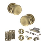 Atlantic Old English Harrogate Door Knob Pack (Lock Set - 3" Latch & Deadlock, 4" Slim Knuckle Hinges x2) - Antique Brass