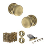 Atlantic Old English Harrogate Door Knob Pack (Lock Set - Horizontal Sashlock, 3" Fire Rated Hinges x3) - Antique Brass