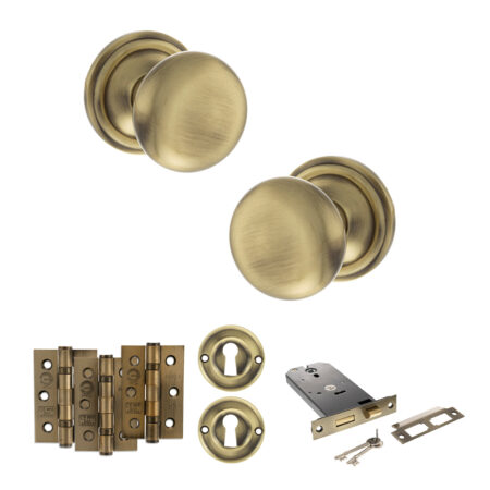 Atlantic Old English Harrogate Door Knob Pack (Lock Set - Horizontal Sashlock, 3" Fire Rated Hinges x3) - Antique Brass