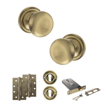 Atlantic Old English Harrogate Door Knob Pack (Lock Set - Horizontal Sashlock, 4" Slim Knuckle Hinges x2) - Antique Brass