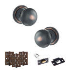 Atlantic Old English Harrogate Door Knob Pack (Latch Set - 4" HD Latch, 3" Fire Rated Hinges x3) - Antique Copper