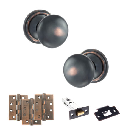 Atlantic Old English Harrogate Door Knob Pack (Latch Set - 4" HD Latch, 4" Fire Rated Hinges x3) - Antique Copper