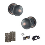 Atlantic Old English Harrogate Door Knob Pack (Latch Set - 3" HD Latch, 4" Slim Knuckle Hinges x2) - Antique Copper