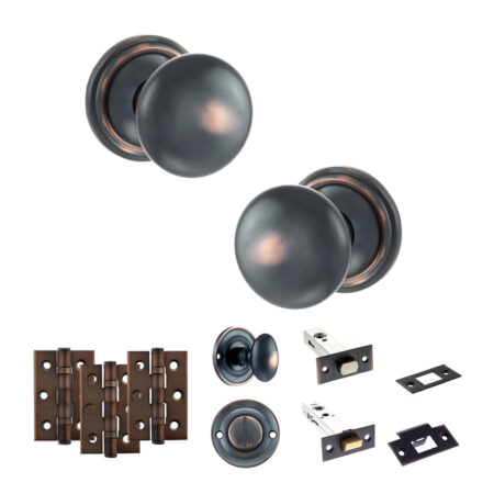 Atlantic Old English Harrogate Door Knob Pack (Bathroom Set - 4" Deadbolt, 3" Fire Rated Hinges x3) - Antique Copper