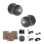 Atlantic Old English Harrogate Door Knob Pack (Bathroom Set - 3" Deadbolt, 4" Fire Rated Hinges x3) - Antique Copper