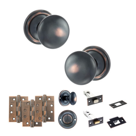 Atlantic Old English Harrogate Door Knob Pack (Bathroom Set - 3" Deadbolt, 4" Fire Rated Hinges x3) - Antique Copper
