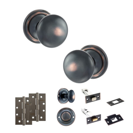 Atlantic Old English Harrogate Door Knob Pack (Bathroom Set - 3" Deadbolt, 4" Slim Knuckle Hinges x2) - Antique Copper