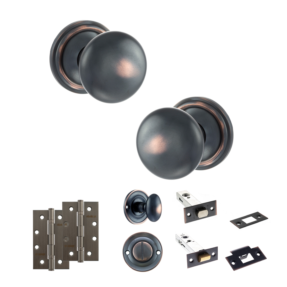 ADPOE58MMKAC64_OLD-ENGLISH-HARROGATE-ANTIQUE-COPPER.jpg Atlantic Old English Harrogate Door Knob Pack (Bathroom Set - 3" Deadbolt, 4" Slim Knuckle Hinges x2) - Antique Copper - Image 1
